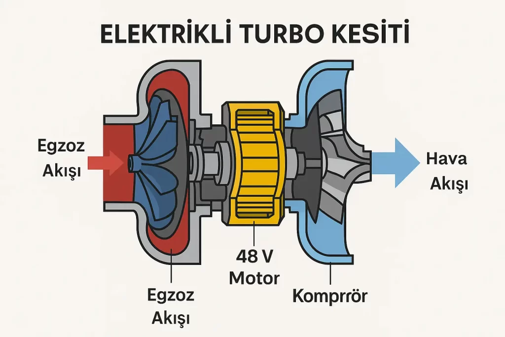 Elektrikli turbo kesit diyagramı: 48 V motorlu kompresör, türbin ve hava/egzoz akışı	
