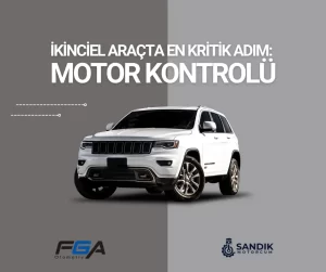 Bilgisayar ekranında SandikMotorcum.com ikinci el motor sağlığı rehberi açık, yanında FGA Oto dokümanları